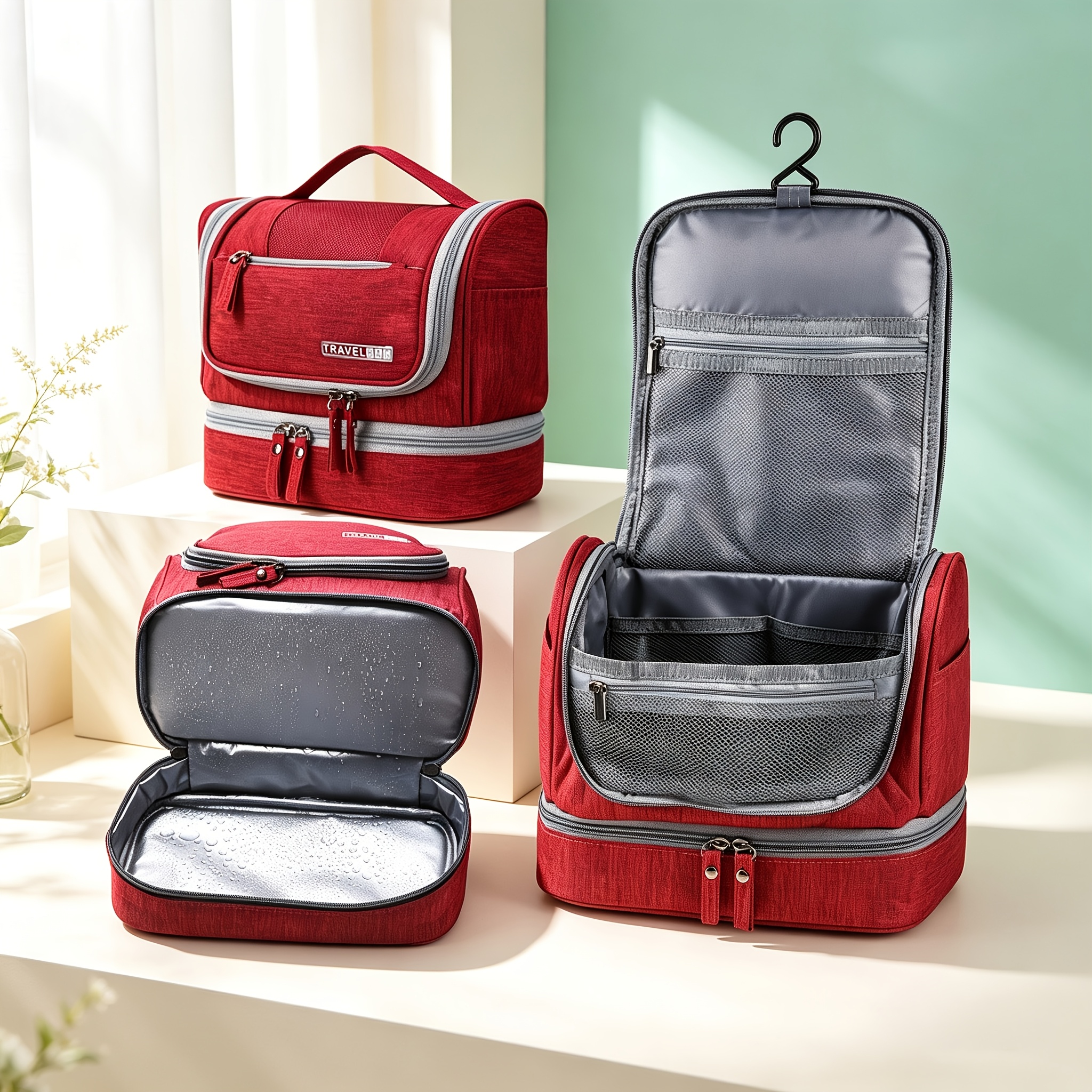 TEMU Qzlknit Travel Toiletry Bag, Large Capacity Cosmetic Bag With Hooks And Handles, Multiple Compartments For Effective Of Different Toiletries,