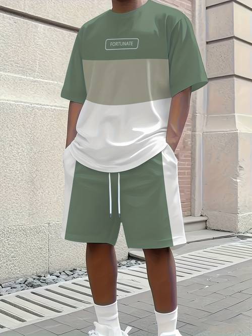 1 set of 2pcs 3d letter print fashion three color mens t shirt and shorts set slightly stretchy polyester knit fabric shorts lightweight suitable for summer casual days outdoor activities