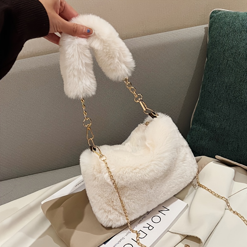 Fashionable Fur Handbag With Detachable Strap, Polyester Lining, No Washing Required