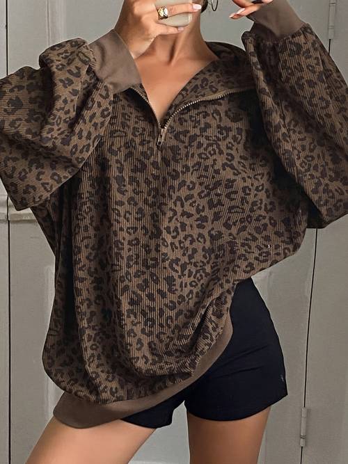womens casual leopard print zip front long sleeve sweatshirt loose fit half zip design brown and black retro style