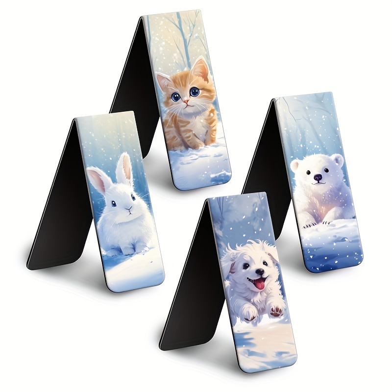 

4-pack Winter Themed Magnetic Bookmarks, Cute Cartoon Animals Rabbit, Cat, Bear, Dog, Cardboard Book Marker Clips, Ideal Librarian Gifts For Readers And