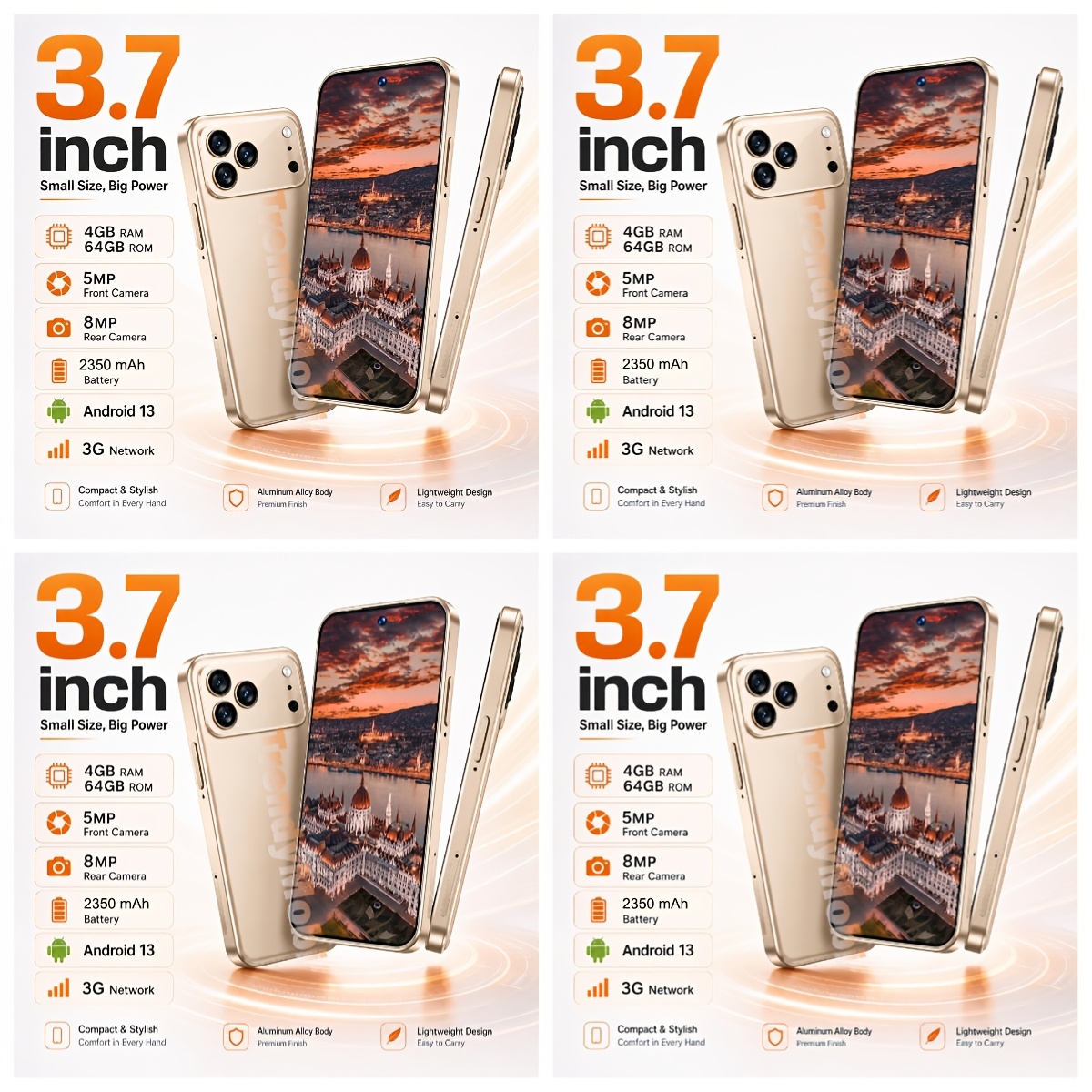 Mini Smartphone 3.7 Inch 13 - 4gb 64gb Rom, Small Phone 5mp Selfie 8mp Camera 2350mah Battery 3g For Smartphone Elderly Grandparent Outdoor Bbq Picnic Music