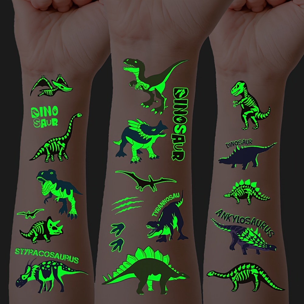 

8-piece Glow-in-the-dark Dinosaur Temporary Tattoos - Waterproof, Easy Stick-on Designs Including T-rex & Velociraptor - Perfect For Birthday Parties & Gifts