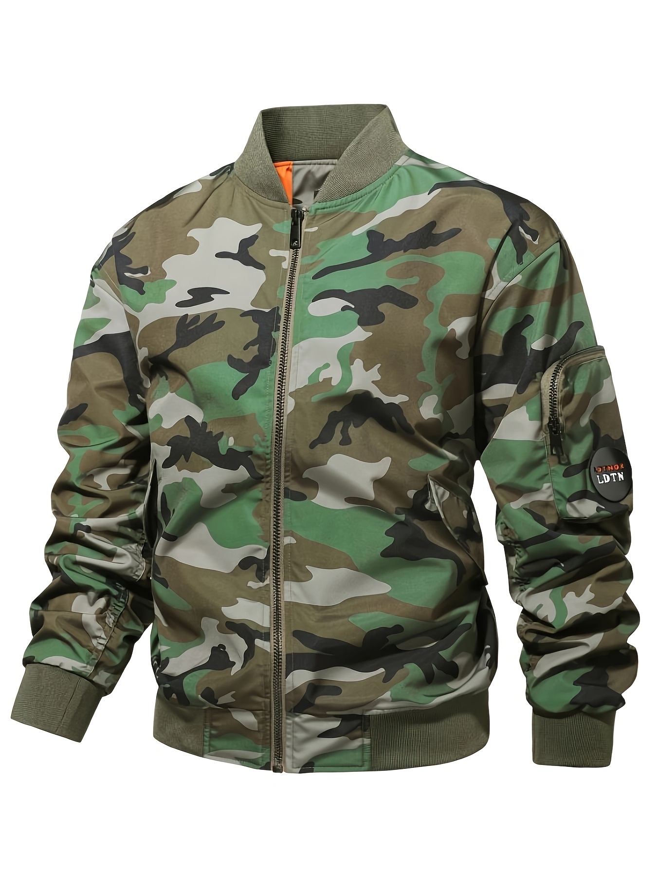Camo Men's Plus Size Bomber Jacket - Lightweight, Breathable Polyester with Multiple Pockets, Zip-Up, Round Neck for Spring & Autumn Outdoor Activities, PLUS SIZE