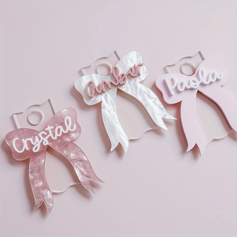 

Single Piece Personalized Acrylic Name Tag With Romantic Bow, Custom Script Lettering, Alphabet Theme, Shape, Decorative Ladies Key Ring For Tumbler Accessory, Ideal Birthday Gift