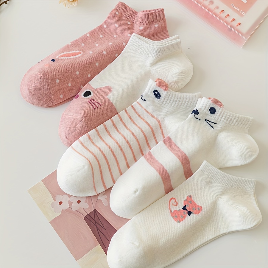 

5 Pairs Cartoon Cat Print Socks, Cute & Breathable Ankle Socks, Women's Stockings & Hosiery