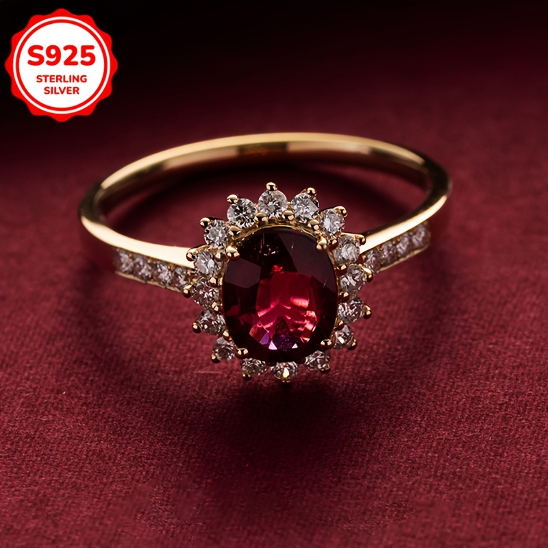 Floral Red Garnet & Cubic Zirconia Ring S925 Sterling Silver