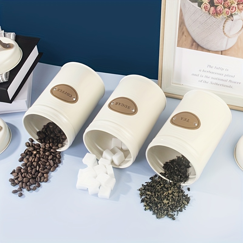 3pcs, Vintage Metal Canister Set With Lids, White Containers For Coffee,  Tea, Sugar Storage, Airtight Kitchen Organizer, Rustic Farmhouse Decor