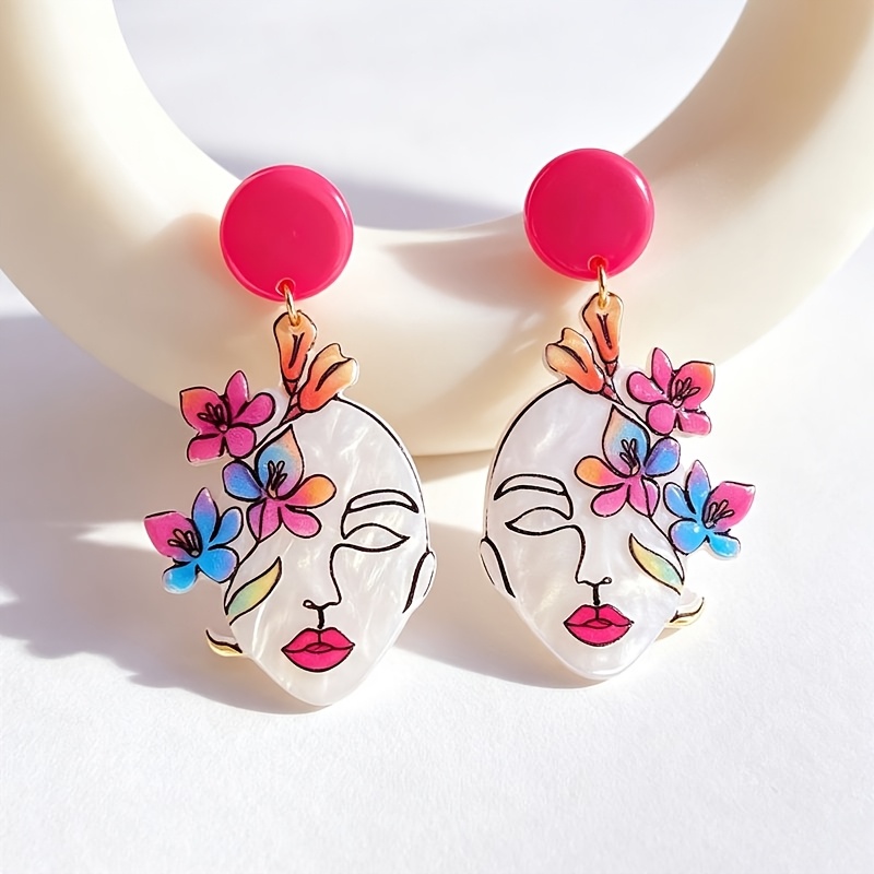 TEMU 1 Pair Fashion Creative Abstract Head Women' Earrings, Lightweight Elegant Watermark Acrylic Jewelry, Ideal Gift For Vacation, Travel, And