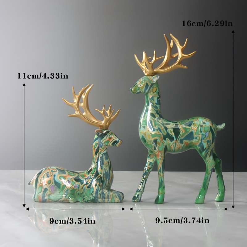 TEMU Collectible Figurines, 2pcs Water Transfer Craft Green Golden Texture Reindeer Sculpture Ornaments, Light Luxury Desktop Home Christmas Holiday