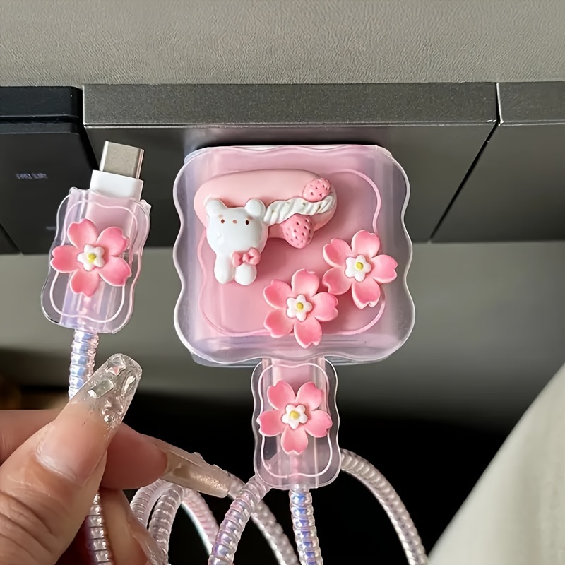 Cute Bunny Pattern Suitable for Iphone Charger Protective Case 5pcs Data Cable Protective Shell Set Winder 18/20W Fast Charging Head Anti-Break Winding Device Boyfriend/Girlfriend Gift Premium Feel