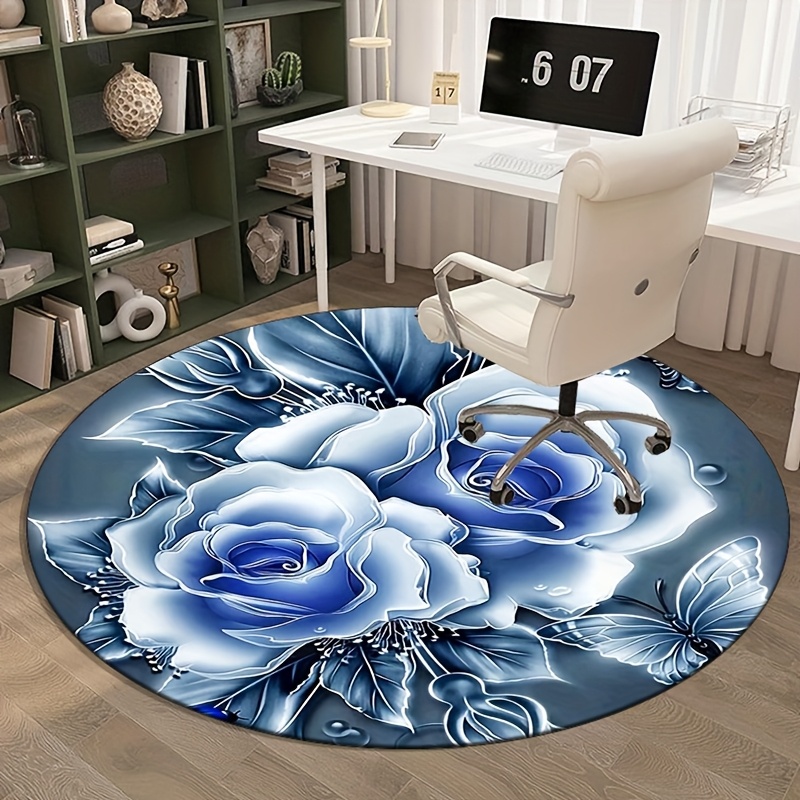 TEMU 800g/m2 3d Blue Rose Round Area Rug, A Luxurious Non-slip Rug Suitable For Dining Rooms, Bedrooms, Sofas, Kitchens, And Playrooms