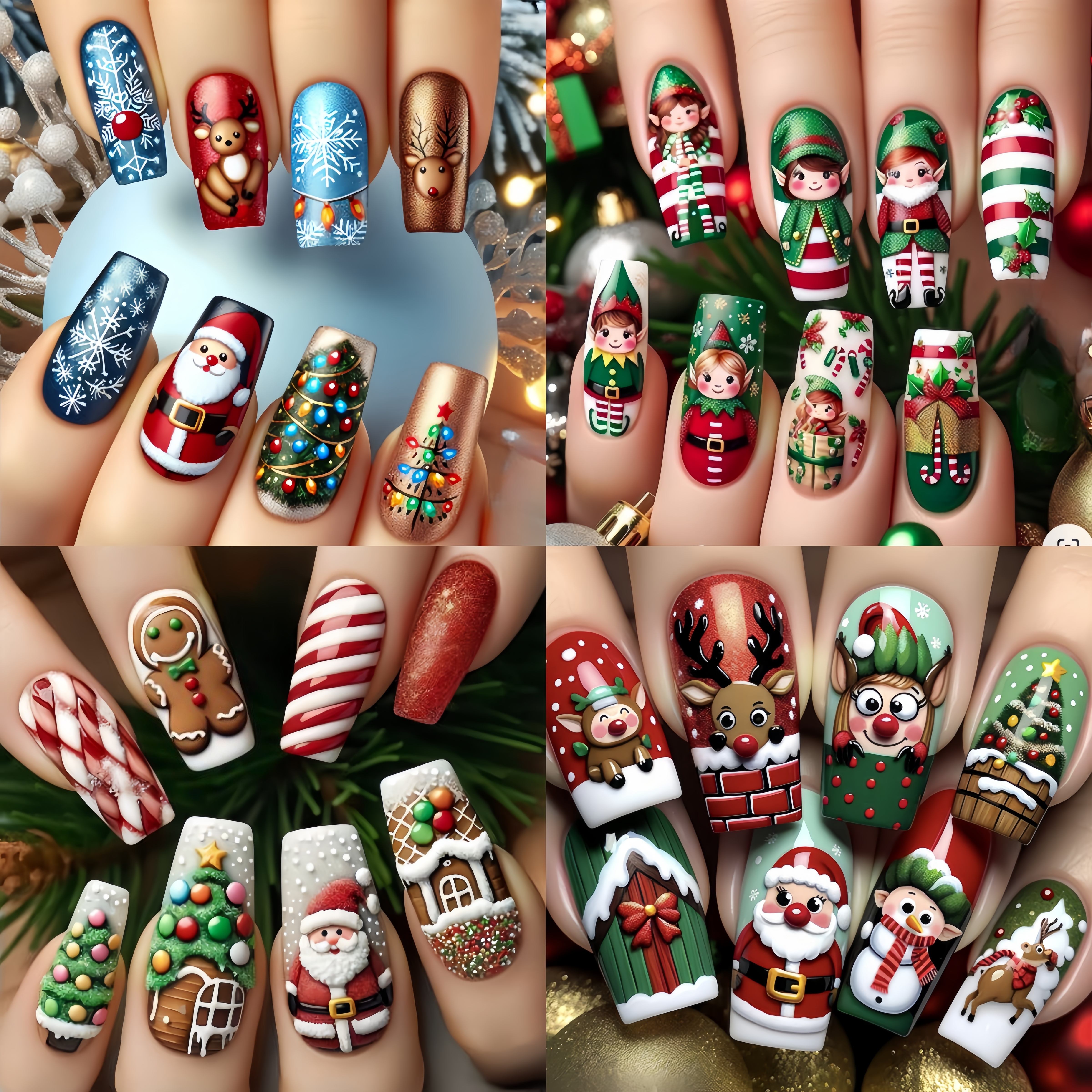 

96pcs Christmas Press-on Nails Set, Santa Claus Snowman Reindeer Candy Designs, Holiday Manicure Kit