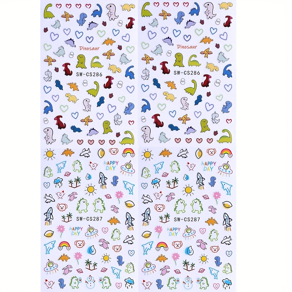 4pcs Cartoon Dinosaur Nail Art Stickers Love Heart Graffiti Sun Flower Decals Self-adhesive Sliders Manicure Tech Supplies