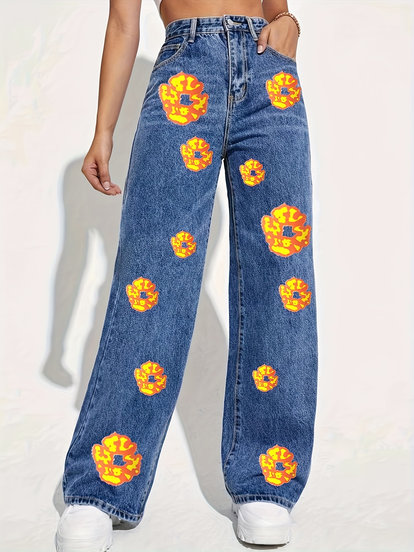 Pantalones Vaqueros Rectos Rasgados Estampado Floral - Temu Chile