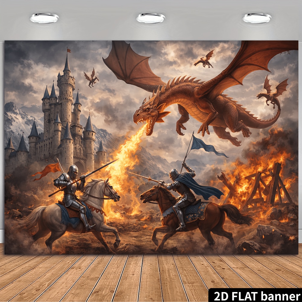 TEMU Medieval Backdrop With Red Dragon & Knight Scene - Castle & Wall Mural Suitable For Themed Parties, Photo Shoots, Live , Durable Decor For