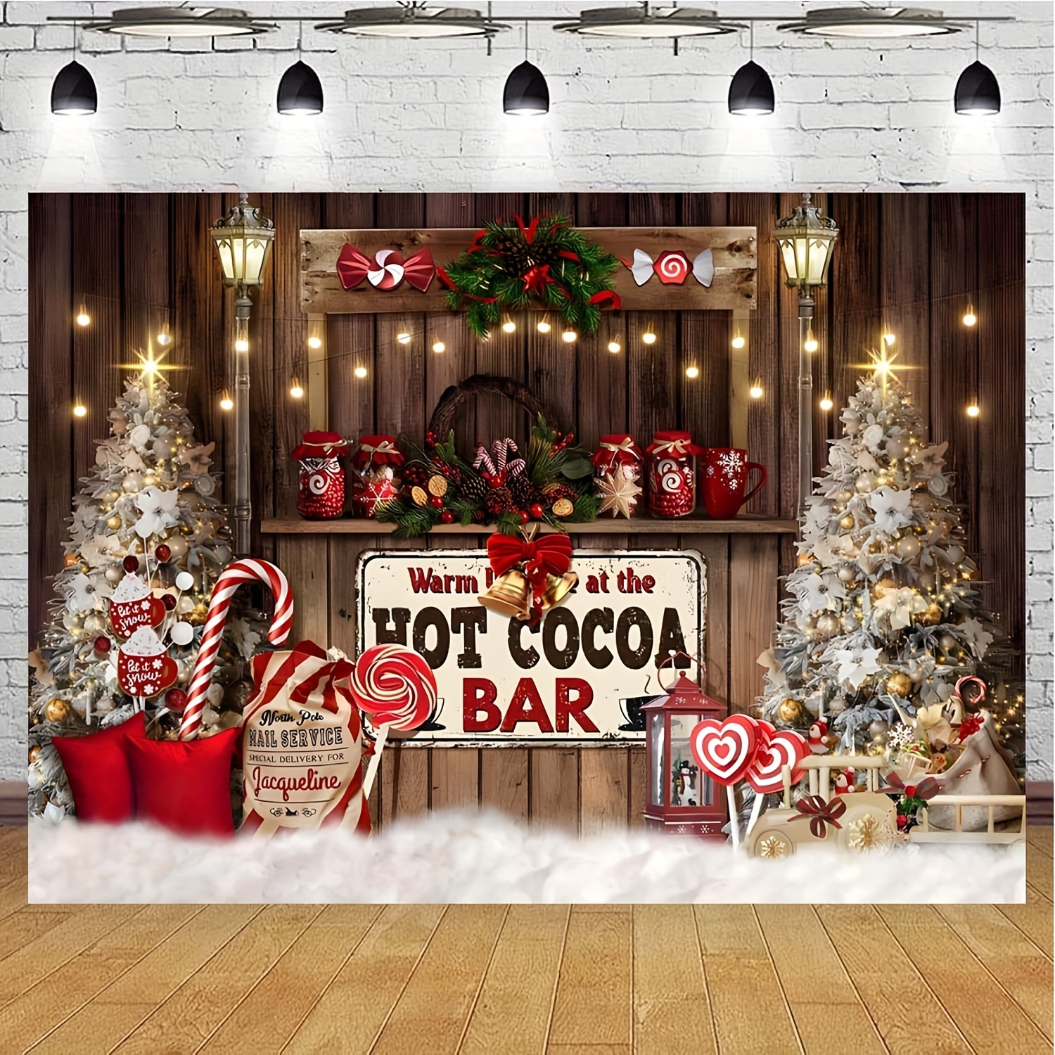 

Vinyl Christmas Hot Cocoa Bar Backdrop - Holiday Party Photography Background With Candy Cane, Pine Trees & Festive Decorations For Winter Xmas Celebrations