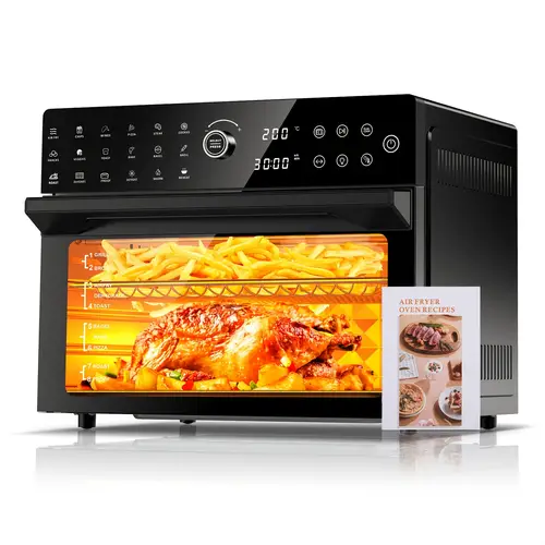 32qt extra large air fryer toaster oven 360 hot air circulation for food 1800w dual cook 13 pizza cooking 20 in 1 double rack oven 7 accessory black