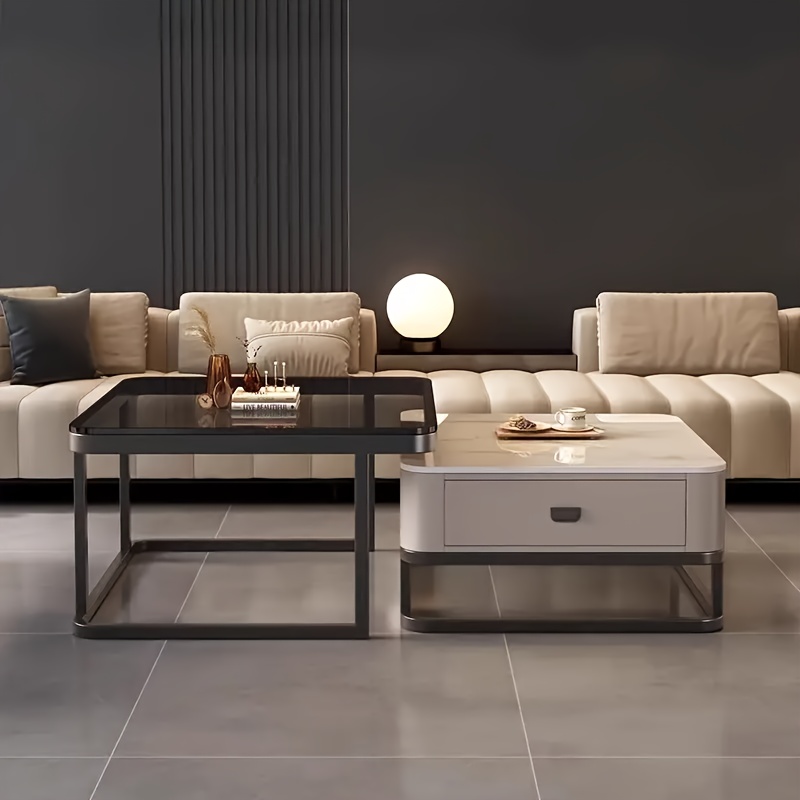 A combination set of a 27.5-inch tempered glass large table and a 23.5-inch slate small table, square coffee table, tea table, suitable for various scenes such as living room, bedroom, courtyard, reception room, etc.