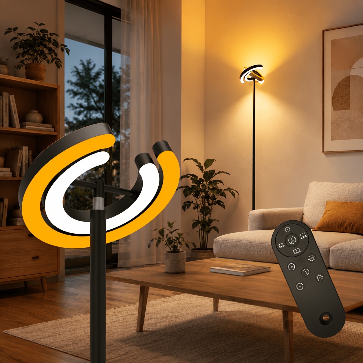 Image of Double- Room Floor Lamp, Led, With Remote Control, 312° Rotating Double-ring Design, Dimmable, Modern-style Floor Lamp, Suitable For Bedrooms, Offices, And Hotels, Black