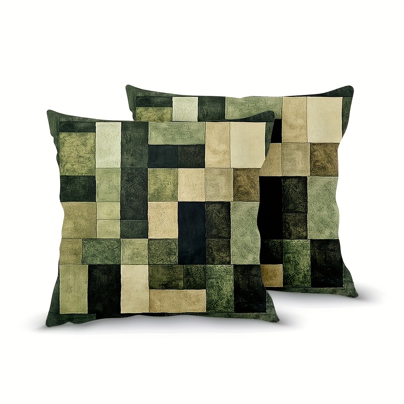 TEMU 2pcs, Short Plush Pillow Covers, Beige Olive Green Colors Abstract Geometric, Throw Cover With Zipper, Double Sided Printing, 18 X18 Inch,