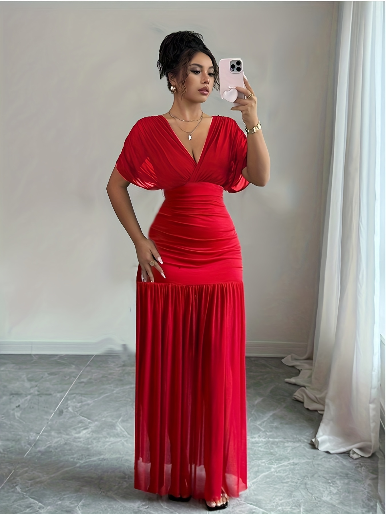 slim fit dress slacks Red V-Neck Fit & Flare Dress main image 1