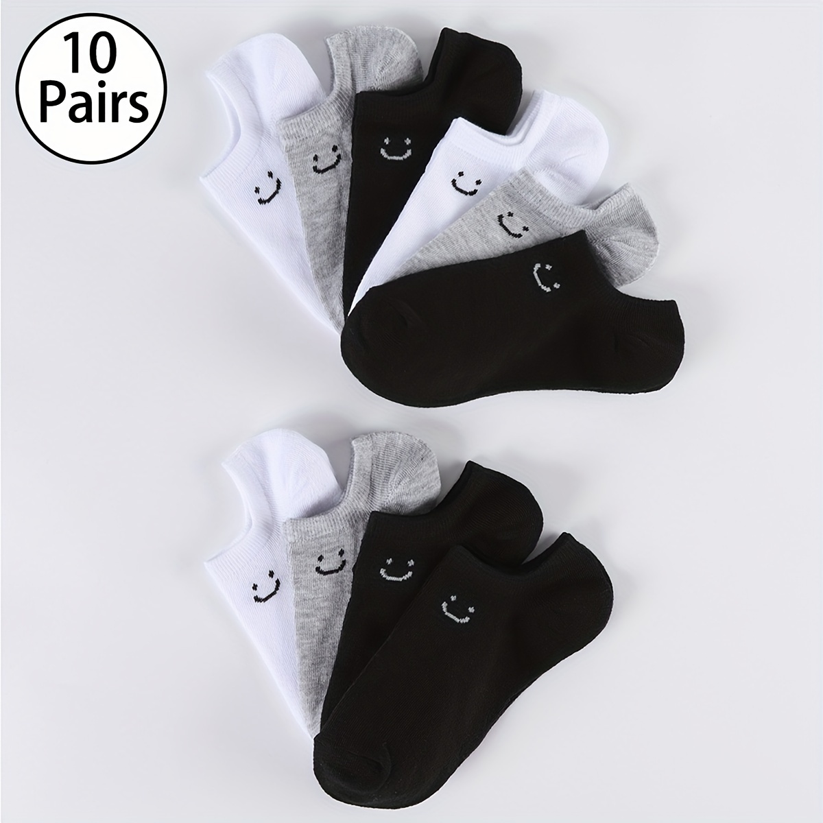 6 pairs/10 pairs Unisex Plain Color Casual Socks Breathable Low Top Sneakers Simple joyful Face Design Soft Moisture Wicking Comfortable for Daily Wear, Home Workouts & Office Minimalist Style All Season & Festive Occasions