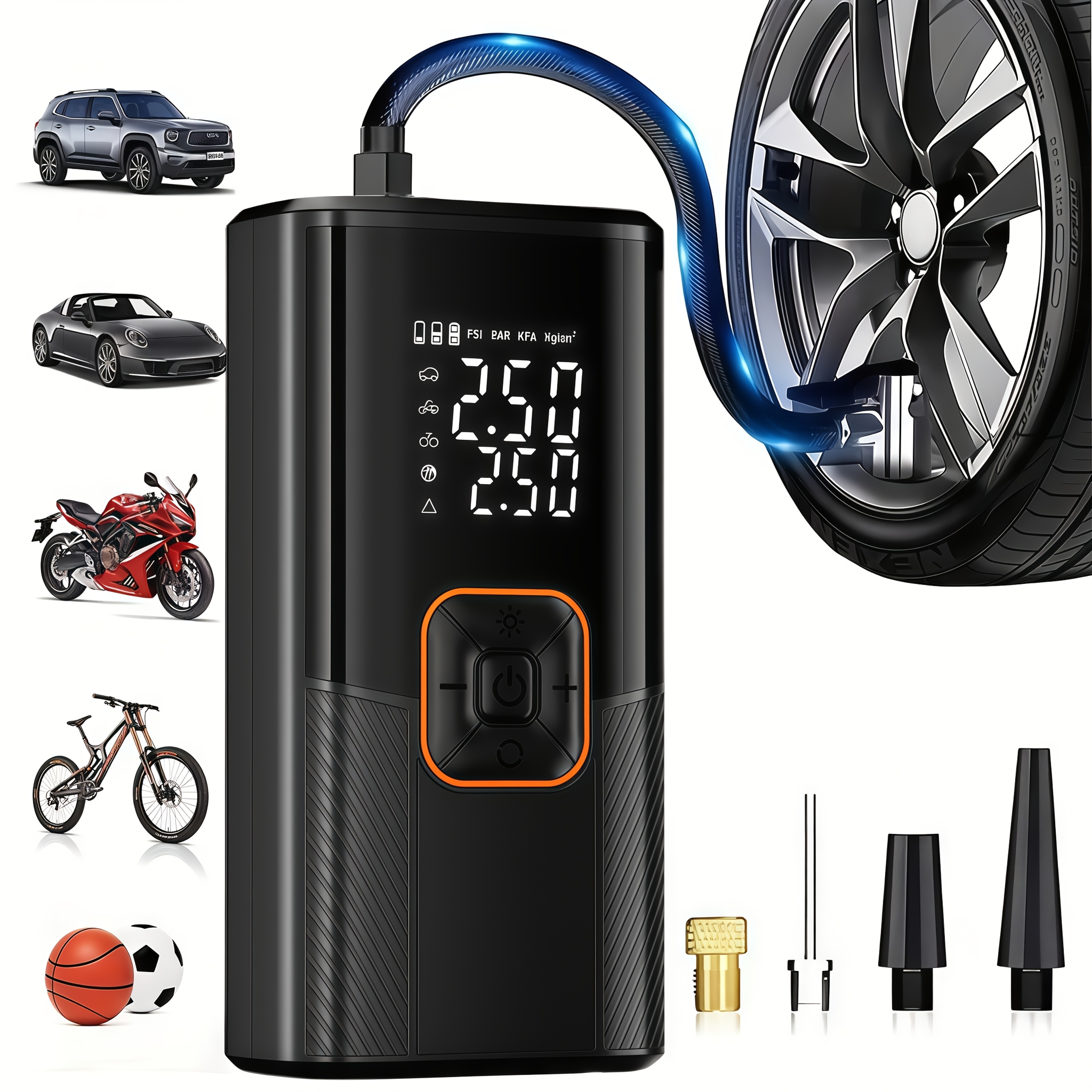 inflador portátil de 150psi - con manómetro digital, luz led, carga usb y batería recargable   de litio, diseño inalámbrico, para  , bicicletas, motocicletas y balones