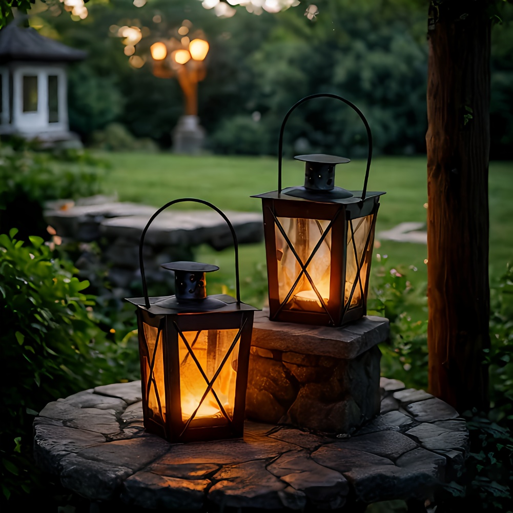 Image of Rustic Mini Decorative Lanterns, Set Of 2, Tabletop Ornaments, Vintage Hanging Candle Holders For Home, Wedding,, Farmhouse Decor - In Black & Golden, Christmas, Halloween