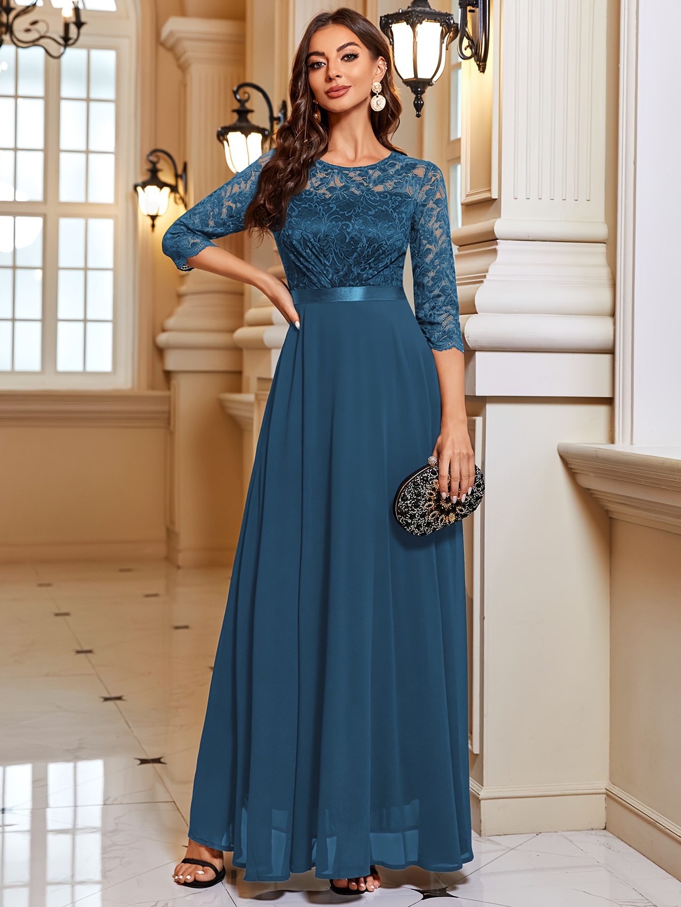 white christmas dresses Floral Long Sleeve Chiffon Midi Dress main image 1
