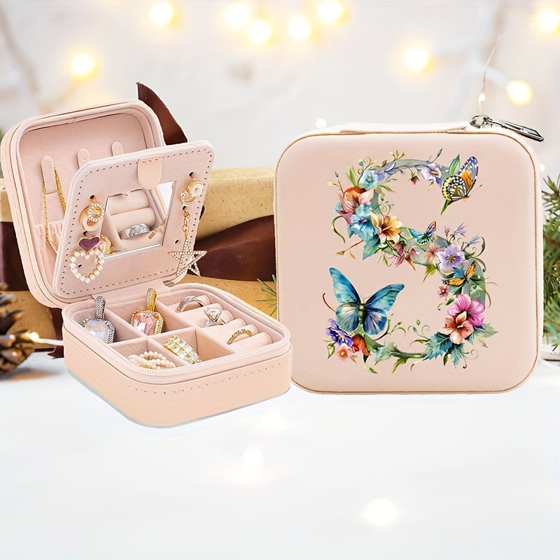 Floral Letter Personalized Mini Travel Jewelry Storage Case - Portable Jewelry Organizer Box with Compact Design, Soft Velvet Interior, And Secure Closure - Perfect for Women On-The-Go, Travel, And Storage of Small Additions