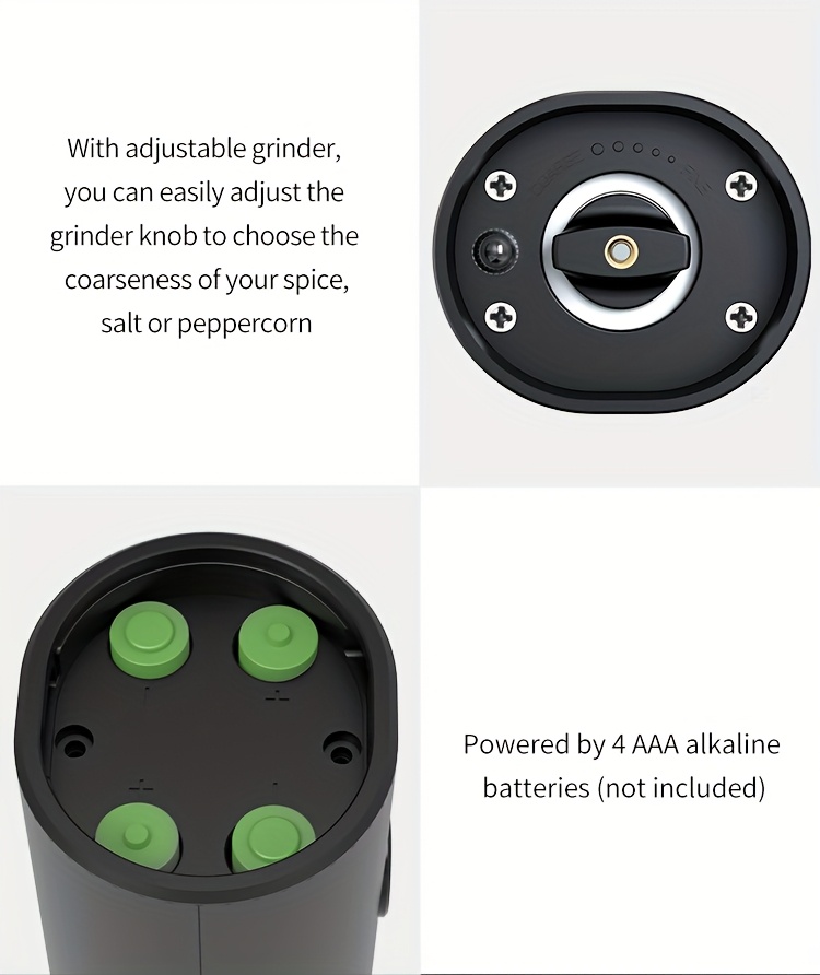 Elektrische zout- en pepermolen, batterijgevoed, handig (batterijen niet inbegrepen), dual-compartment ontwerp met basis, praktische witte LED-licht, grof en fijn instelbaar, één-klik-bewerking, zwarte duurzame