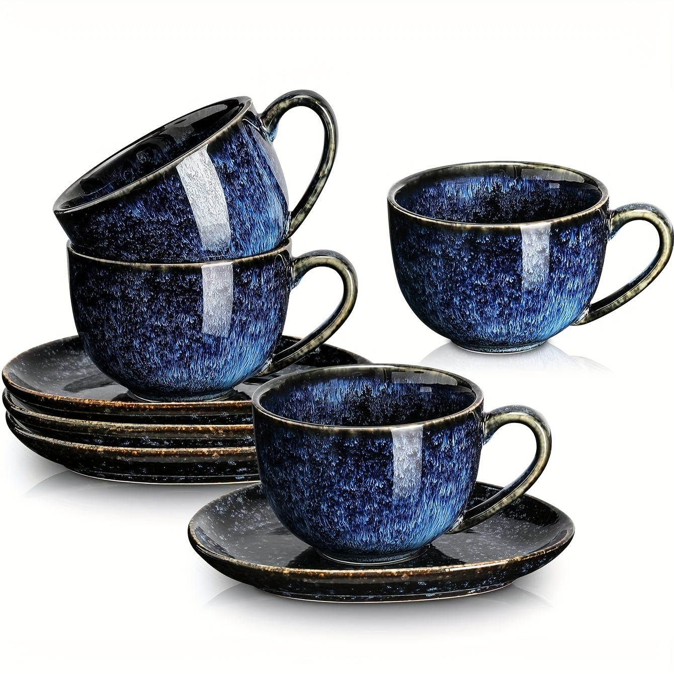 

4pcs, 6.5 Oz Cappuccino Cups With Saucers, Ceramic Coffee Cup For Double Shot, Au Lait, Latte, Tea, Cafe Mocha (starry Blue)