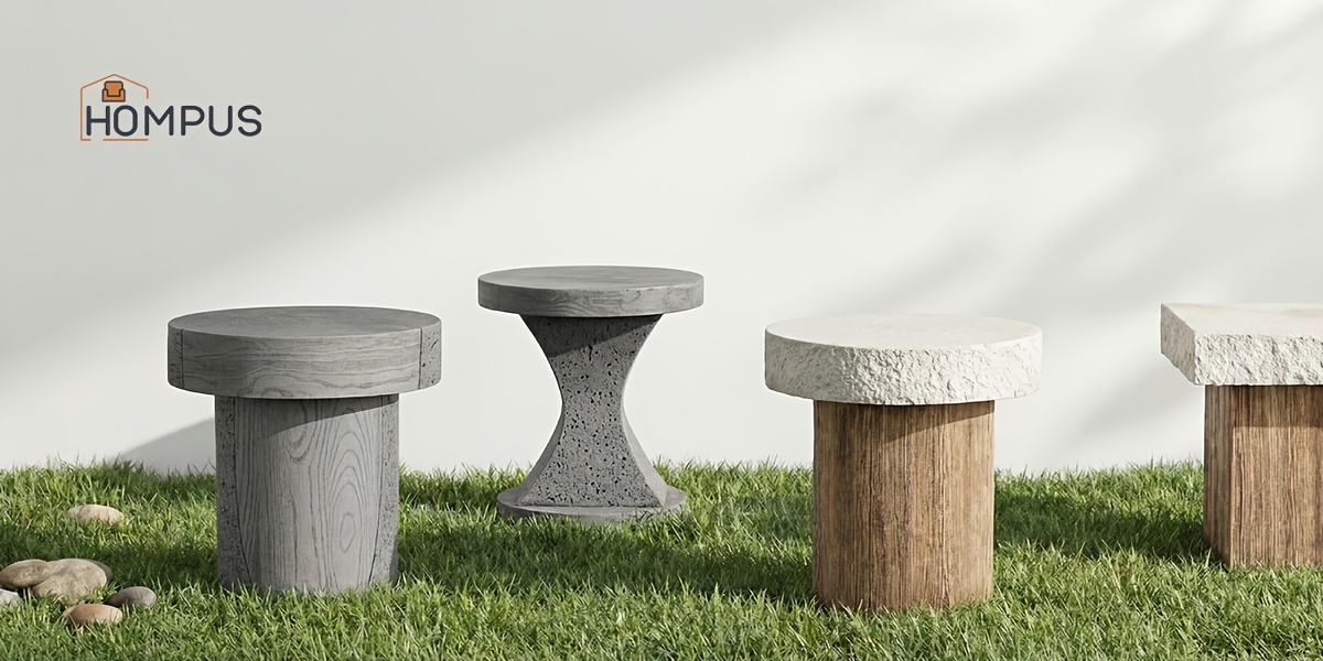 Modern Sculptural Mgo Outdoor Side Table, Grey Faux Wood And Stone Cylinder Nesting Table Set, Weather-Proof Concrete Garden Stool for Patio Living Room