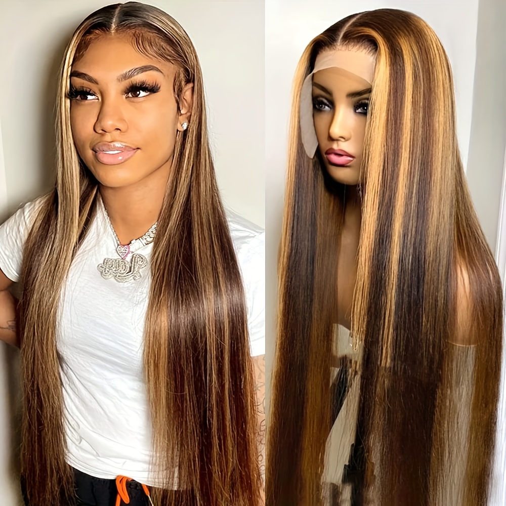 Image of Human Hair Lace Front Wig With 200% Density, Featuring A Highlight Ombre Design In Honey Blonde (4/27), 13x4 Hd Lace, Straight Style, And Pre-plucked Baby Hair