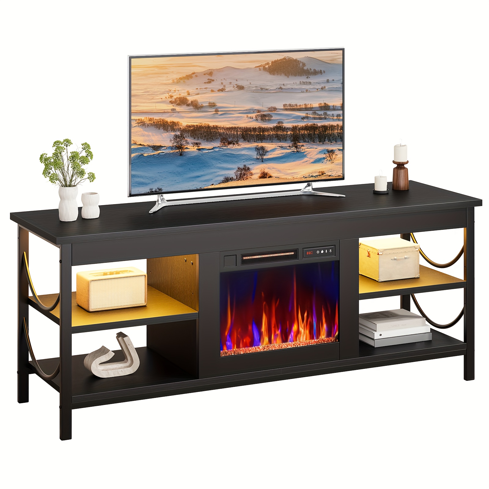 TEMU Fireplace Tv Stand For Tvs Up To 65", Industrial Center With 7 Flame Effect, Rgb Led Lights, Timer Function, Protection, 18" Electric Fireplace, Media For Living Room, Indoor Electric Heater
