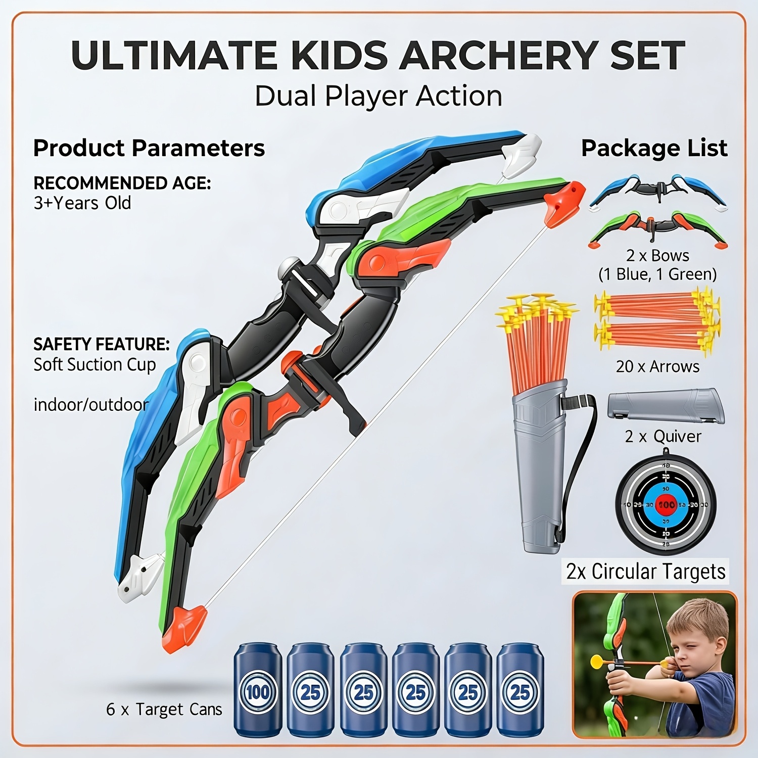 TEMU 2 Pack Kids Bow And Arrow Archery Toy Set With 20 Suction Cup Arrows, 2 Targets And 2 , Indoor Outdoor Shooting Game Toys For Boys Girls Ages
