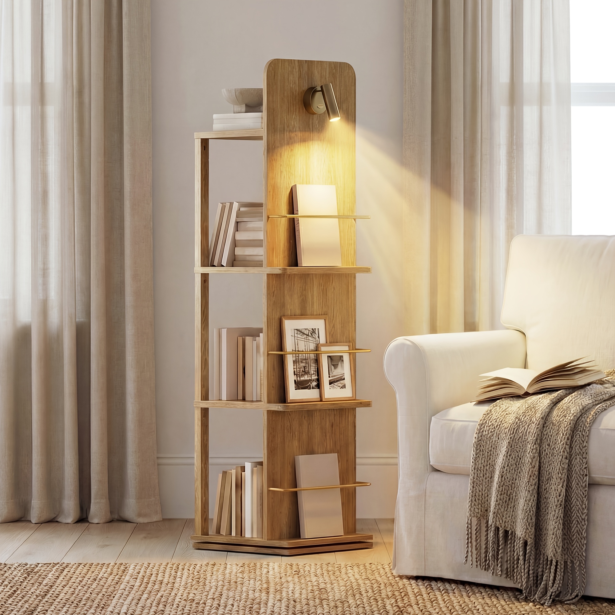 4-Tier Rotating Bookshelf Tower with 360° Spinning Shelves - Natural Oak Wood Freestanding Bookcase Suitable for Small Spaces, Space-Saving Rolling Shelf for Home Office, Living Room, Assembly, Modern Square Bookcase for Books & Decor