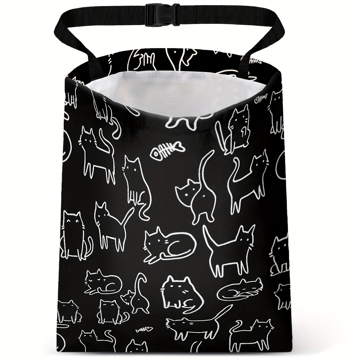 TEMU Vehicle Trash Bag Designed To Hang On The Back Seat, Perfect For Camping And Travel, Featuring A Black Cat Print