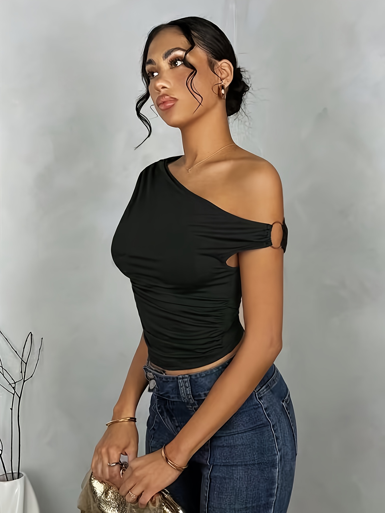 Solo Hombro Descubierto Blusa Negra Con Una Sola Manga Solo Hombro