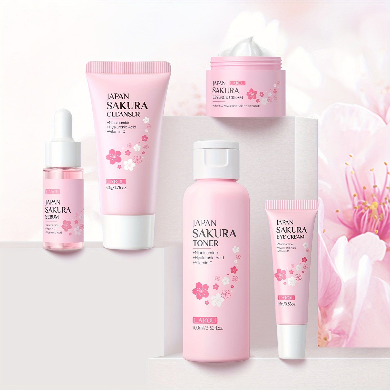 LAIKOU Vitamin C i Sakura Trešnjin Cvijet Svijetlo Bež Set za Njegu za Žene i Muškarce - Dnevni i Noćni Rutinski Komplet s Serumom Vitamina C za Posvjetljivanje i Sakura Proizvodima za Hidrataciju - Prikladno za Sve Tipove Svijetlo Bež Kože (Osjetljiva, Suha, Masna) - Idealno