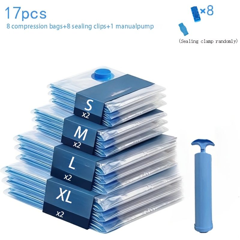 TEMU 17pcs Set Including (2s, 2m, 2l, 2xl Vacuum Compression Bags And 8pcs Sealing Clips And 1pc Manual Pump), Suitable For Clothing, Blankets,