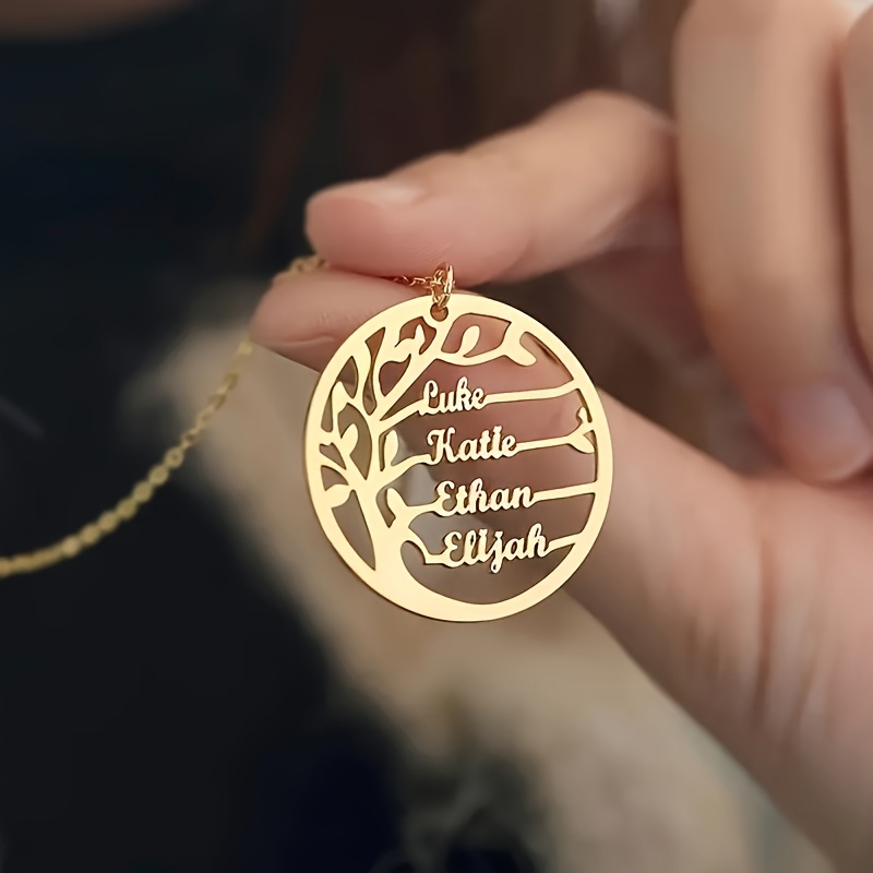 E-shop [Personalisiert] Edelstahl Baum des Lebens Anhänger Halskette, 1-4 Namenshalskette, Familiennamen Halskette, Individual Schmuck Geschenk,