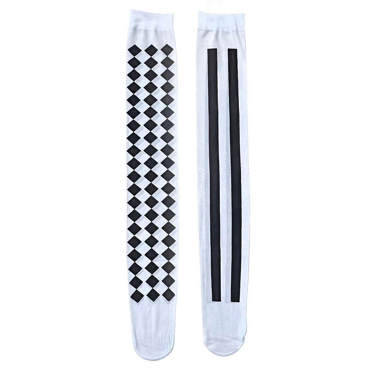 TEMU 1 Pair Black And White Women's Over-the-knee Socks With Diamond Pattern And Stripes, Y2k Street Style, Breathable And Absorbent, Fashionable And