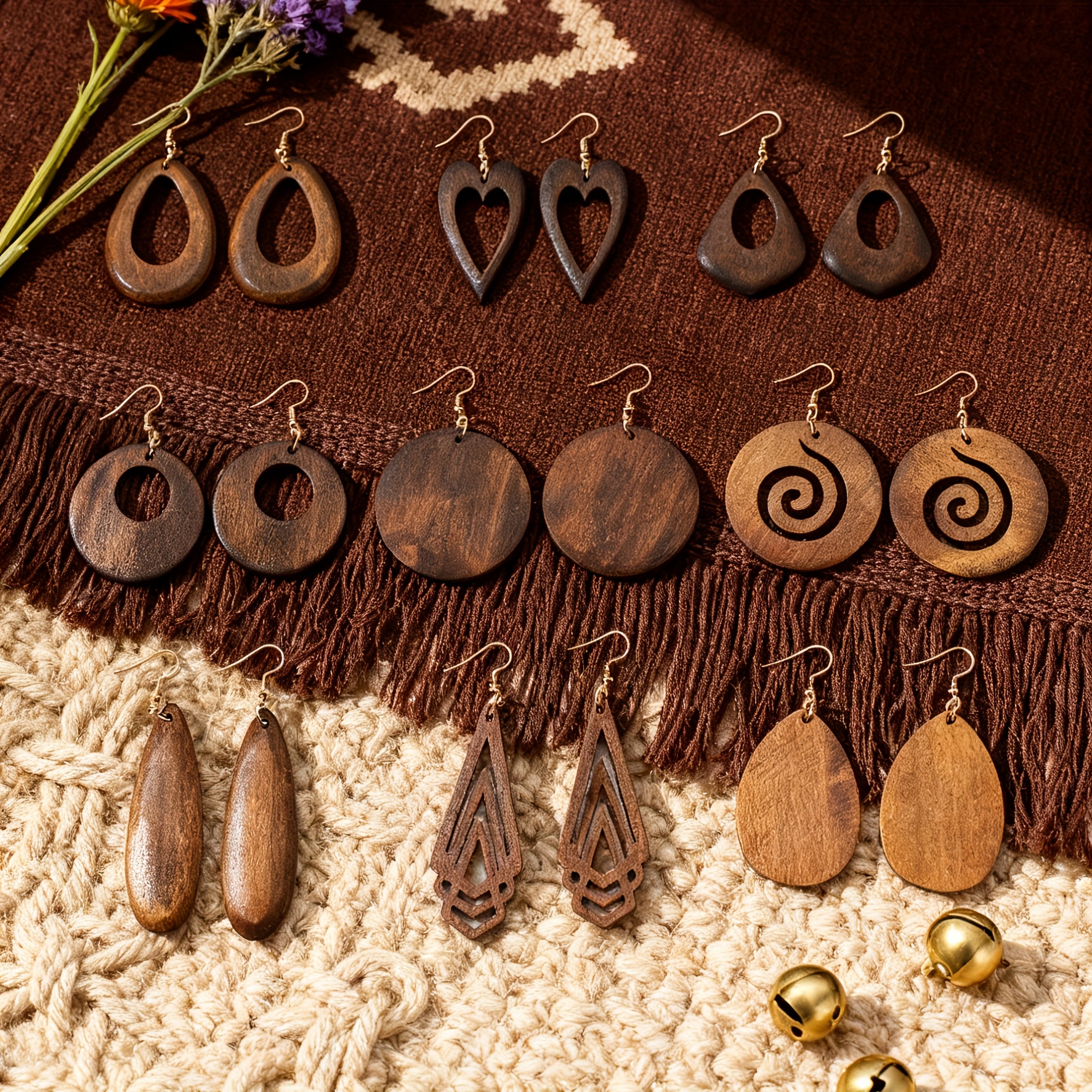 E-shop 9 Paar/Set, Multi-Paar Damenmode Ohrhänger, Retro Bohemian Geometrische Holz Damen Ohrring Schmuck Ohrhänger Set Herz Kreis Tropfen Hohle