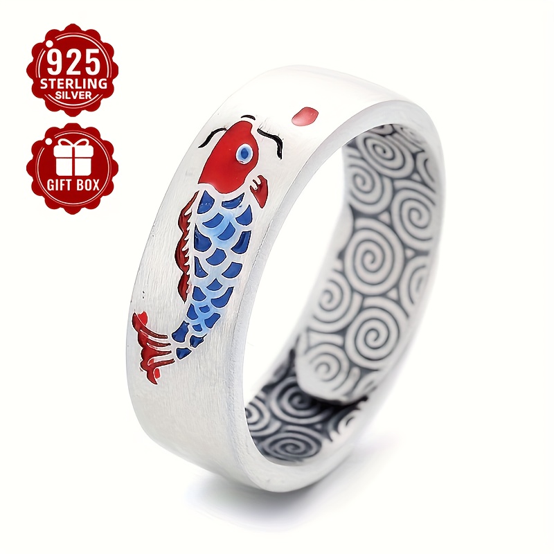 

1pcs925 Pure Silver Low Aging Matte Craft Enamel Red Koi Retro Ethnic Style Suitable For Banquet And Vacation Women's Fashion Ring About 6.5g