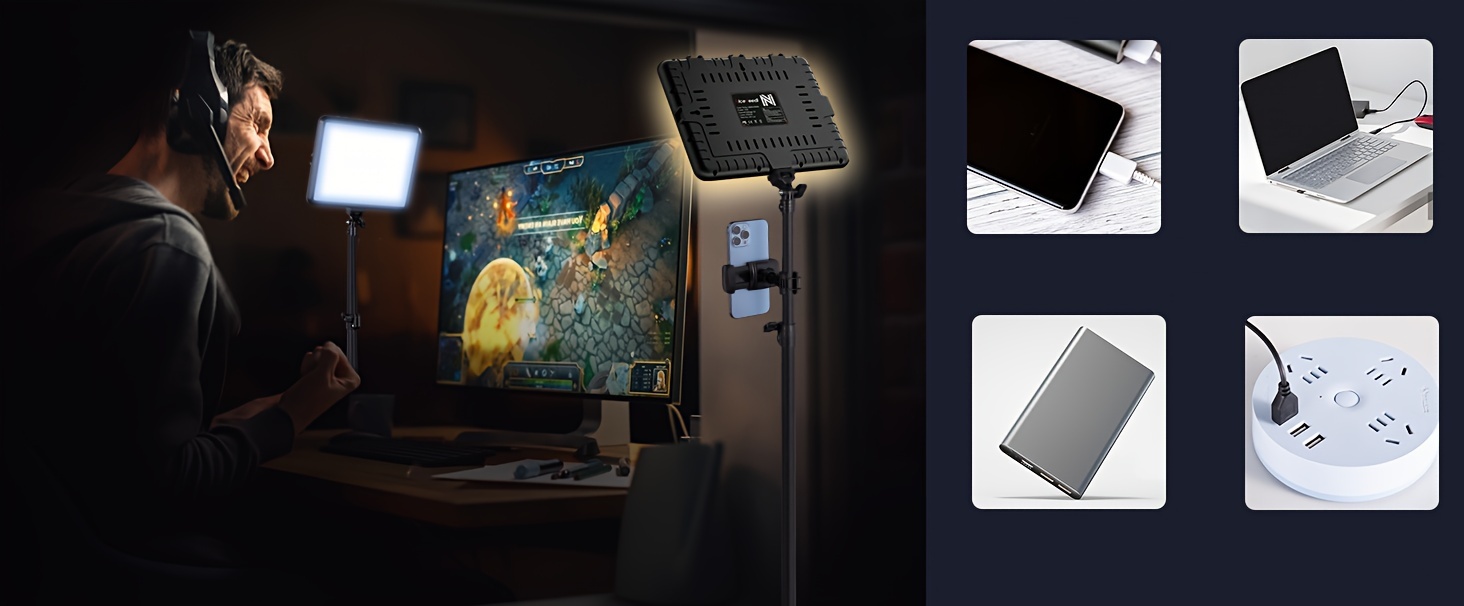 conjunto   led para fotografia de estúdio   2-pack com tripé e suporte para telemóvel, 2800-6500k regulável - iluminação com   de cor ajustável para gravação de vídeo,   de jogos, /vlogging, compatível com dslr/câmer detalhes 3