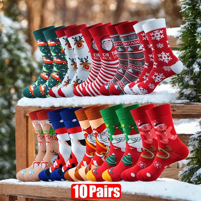 

10pcs Christmas Crew Socks With Santa Claus Design - Gift For Family & Friends, Breathable Polyester