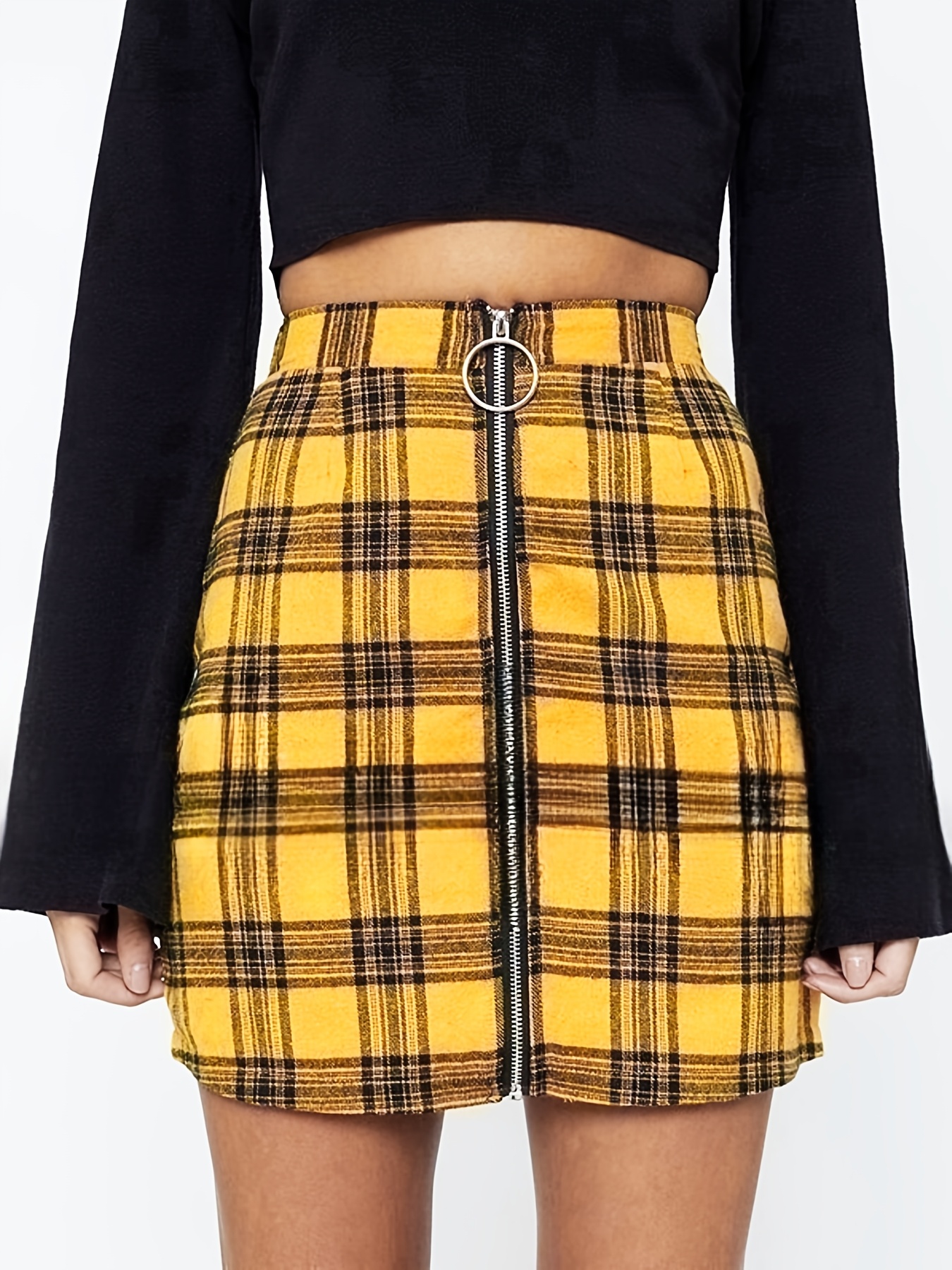 Tights Yellow Tartan Skirt Outfit Tights Plaid Skirt Jean Jacket