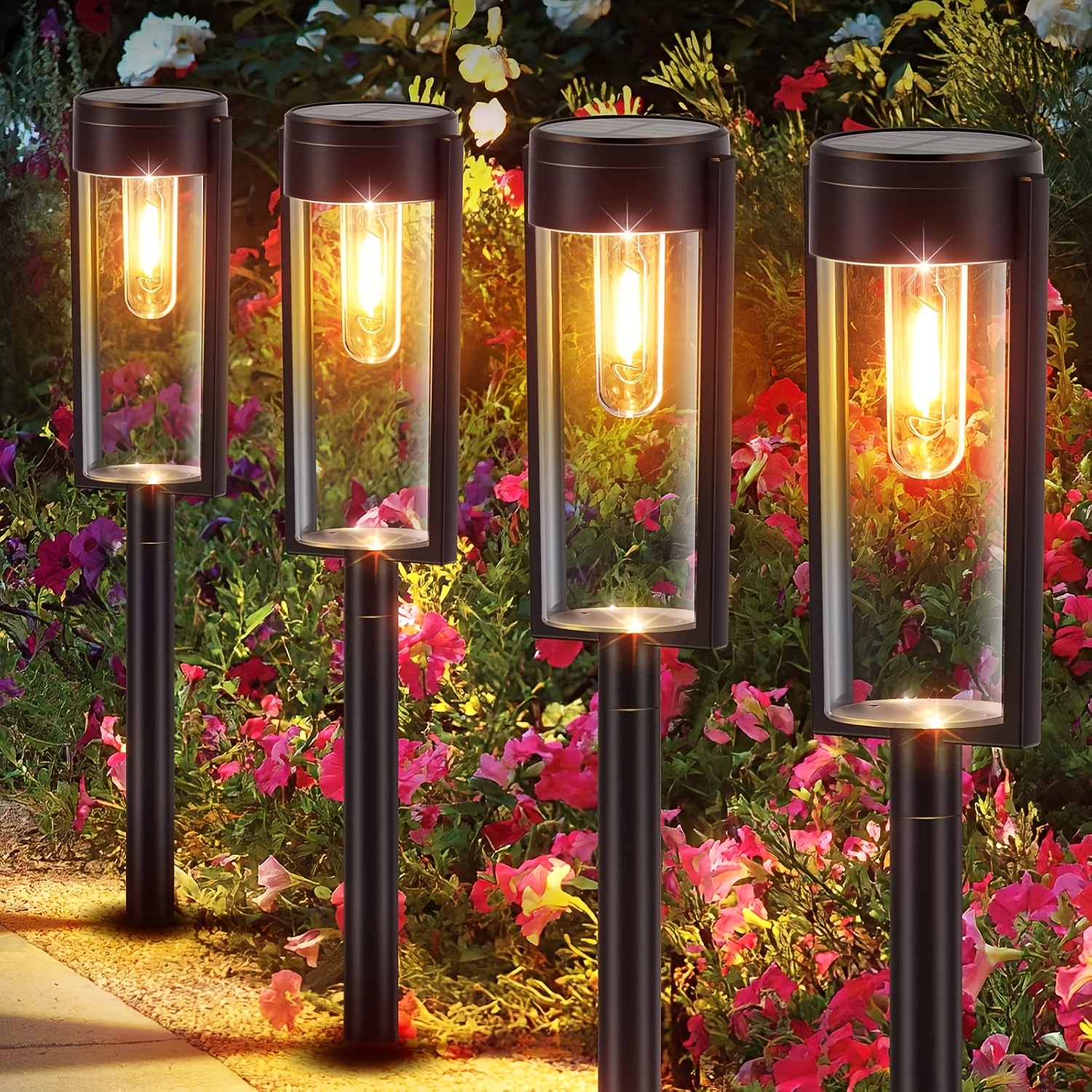 E-shop 4er-Pack Wolframlampe Solarleuchten, Solarbetriebene Stehleuchten, - & Fensterstil Wegeleuchten, Rasen- Terrassendekoration,